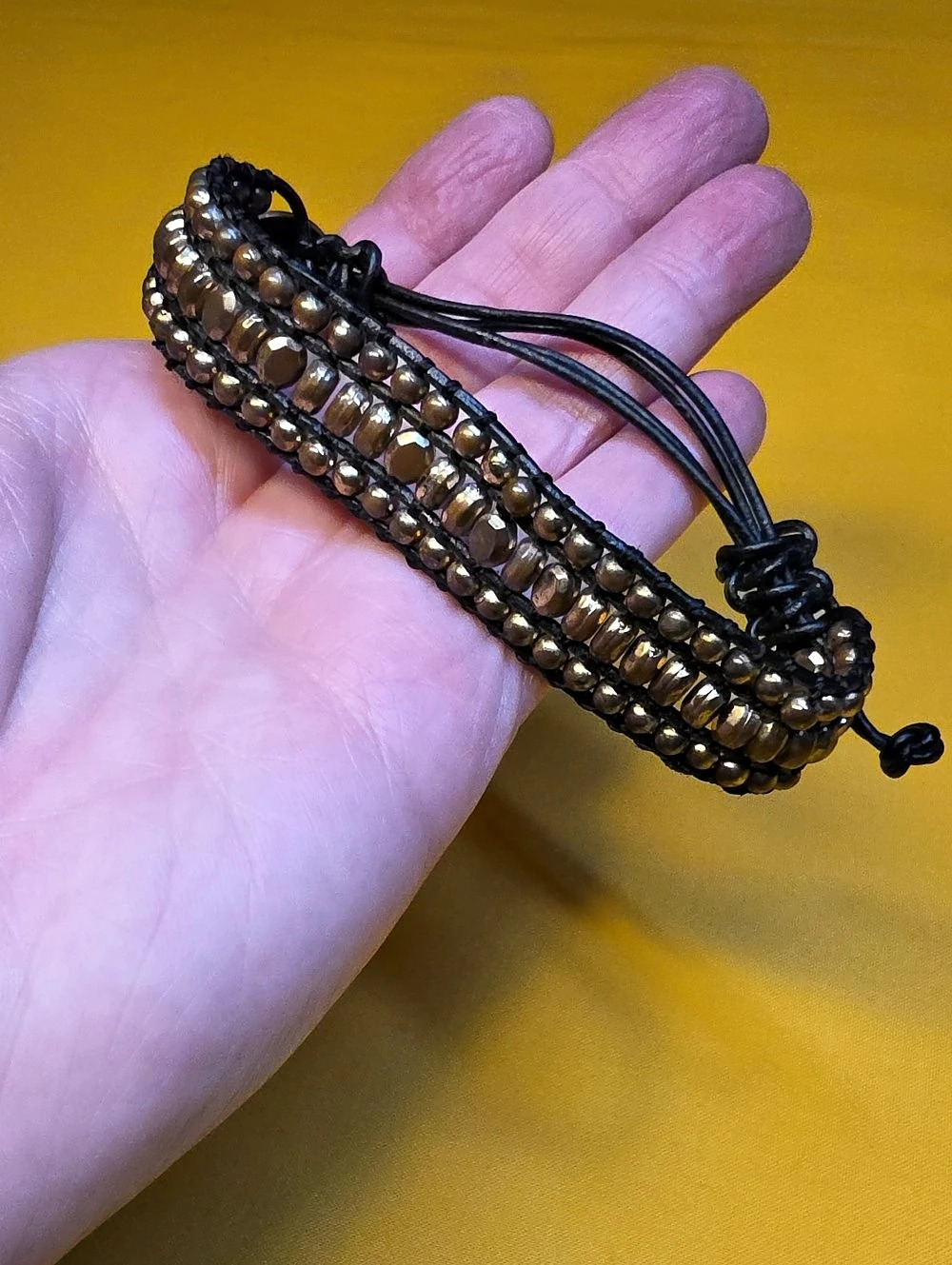 Handmade Boho Brass Like Beaded Leather Adjustable Slide Bracelet - Petite Small